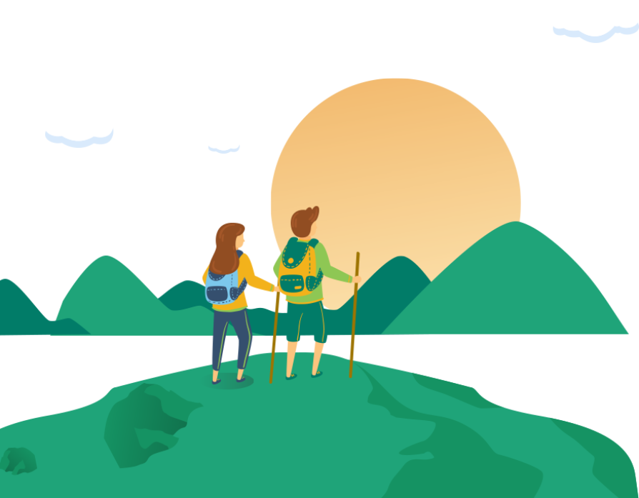 OLOE Cartoon - Male and Female hikers standing on mountain looking out at the sun rise