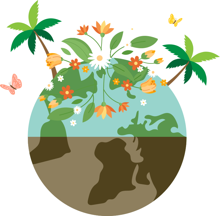 OLOE Cartoon - Top half of earth is bright and full of life, bottom half of earth is dead and lifeless
