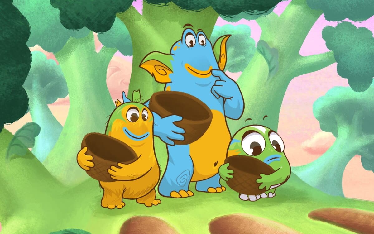 OLOE Characters - Ojo, Eko and Lozi standing in a cartoon broccoli tree holding coconut shells