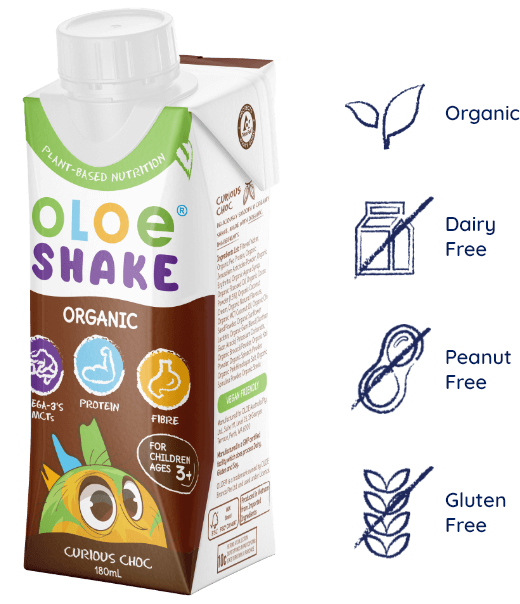 OLOE Shake - Curious Choc with key features listed - Organic, Dairy Free, Peanut Free, Gluten Free