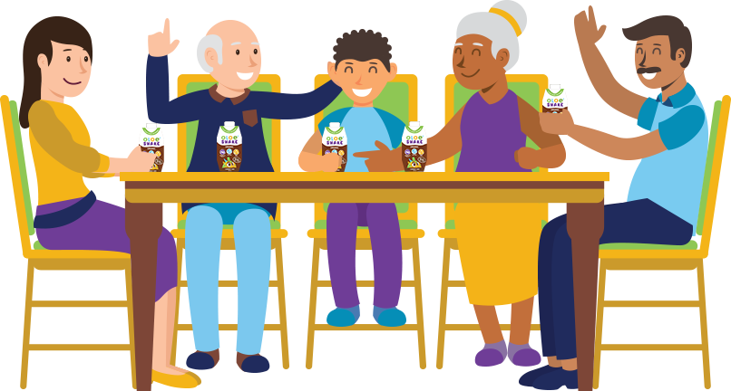 OLOE Cartoon - Different generations of a single family enjoying their OLOE Shakes together at the dinner table