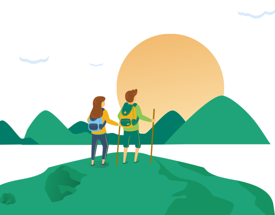 oloe-cartoon-male-and-female-hikers-standing-on mountain-looking-out-at-the-sun-rise