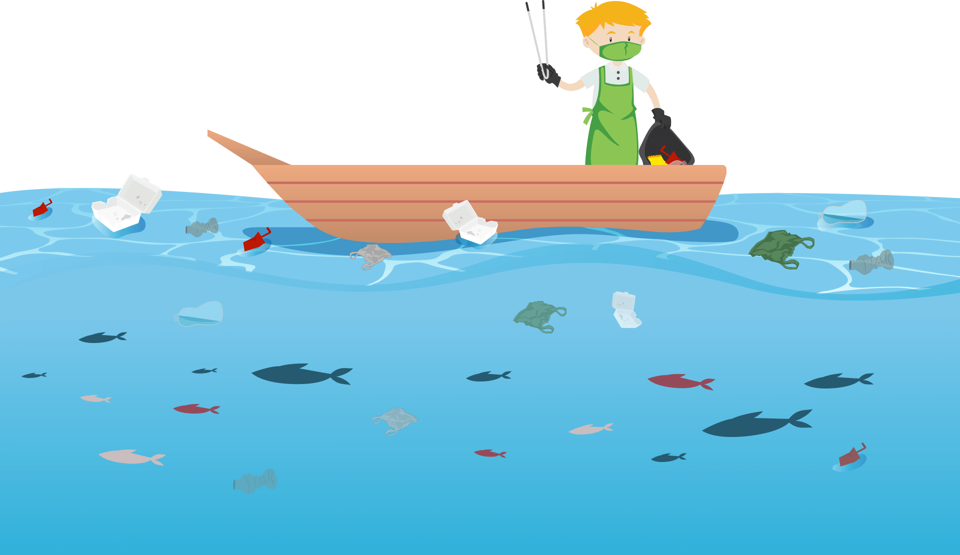 oloe-cartoon-kid-picking-up-floating-ocean-rubbish-from-a-boat