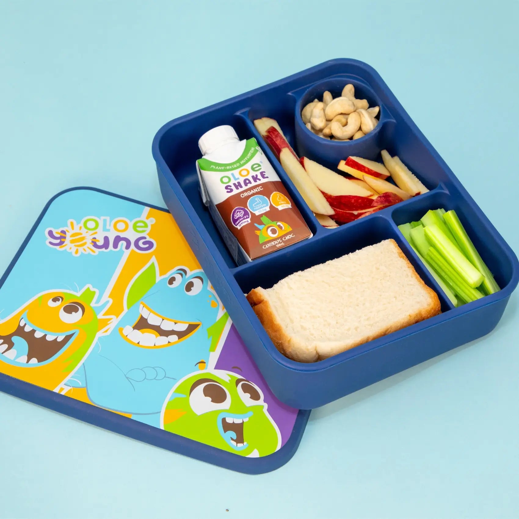 oloe-character-silicone-lunchbox-navy-product-shot-showing-food-and-oloe-shake-inside