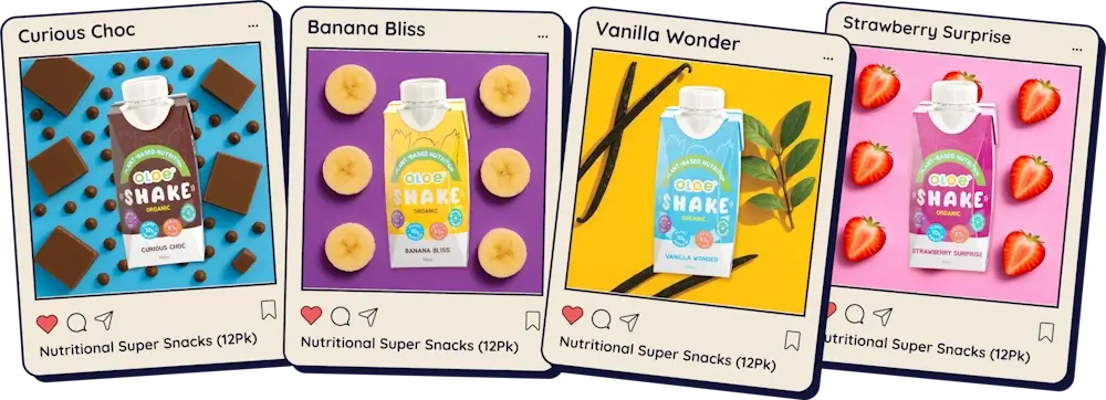 OLOE Shake flavours: Curious Choc, Banana Bliss, Vanilla Wonder and Strawberry Surprise