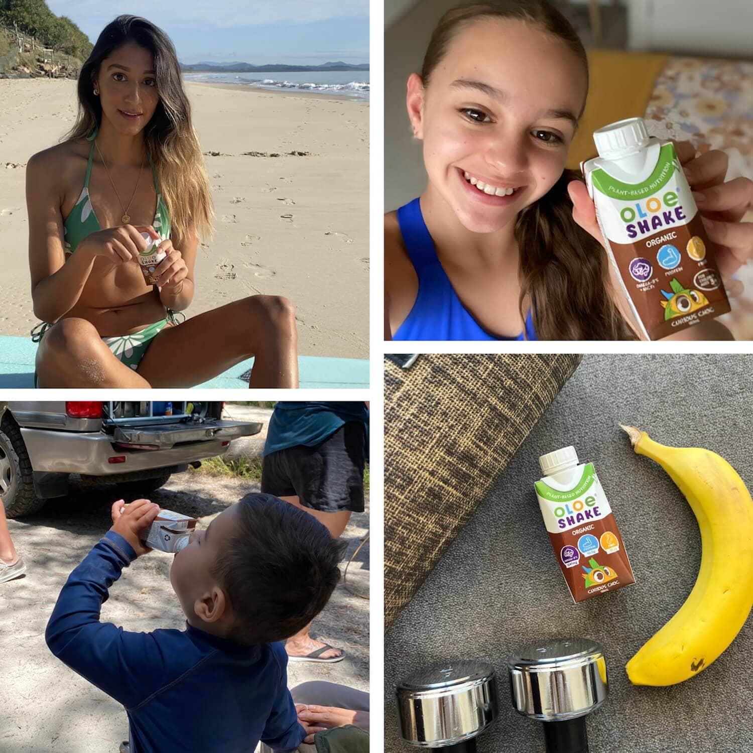 oloe-shakes-curious-choc-collage-of-customer-photos-enjoying-at-the-beach-at-home-during-workout-and-camping